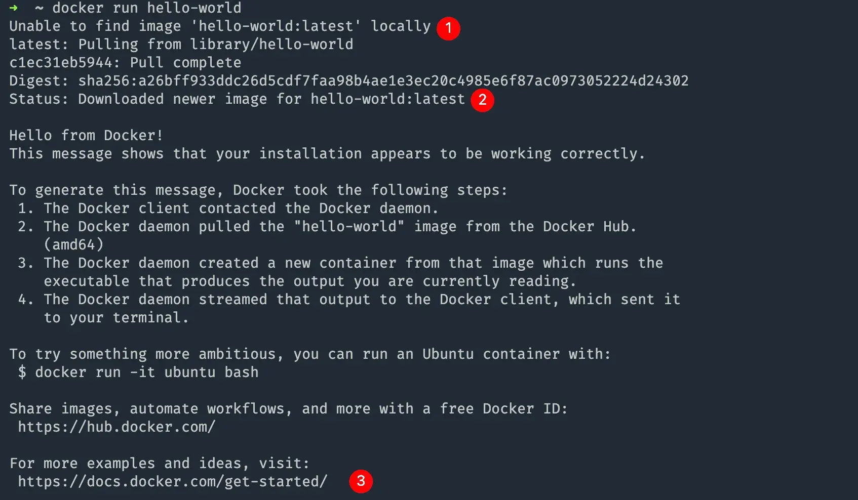 Docker 运行 hello-world 镜像结果